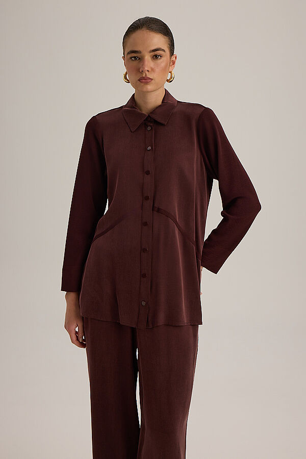  Triko -Kumaş Şerit Detaylı Gömlek Bordo - 4