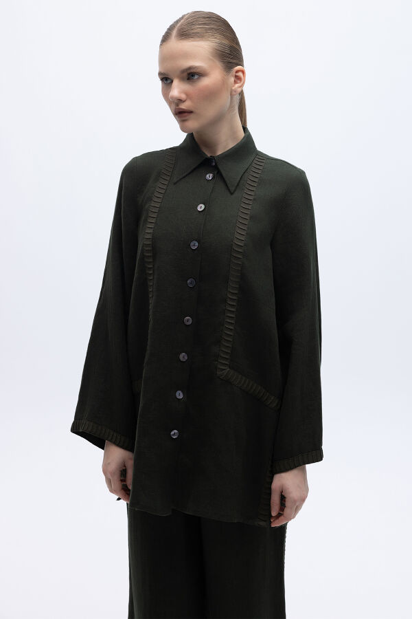 Triko Tiktaklı Keten Gömlek Siyah - 1