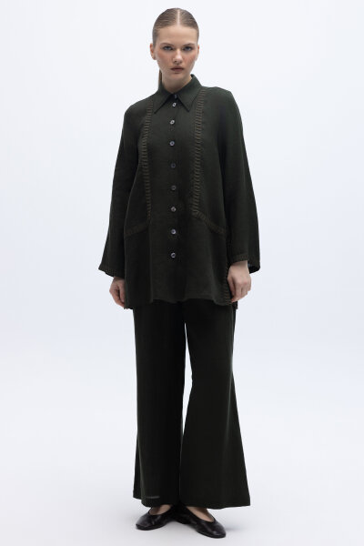 Triko Tiktaklı Keten Gömlek Siyah - 3