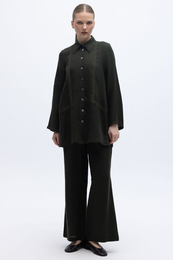 Triko Tiktaklı Keten Gömlek Siyah - 3