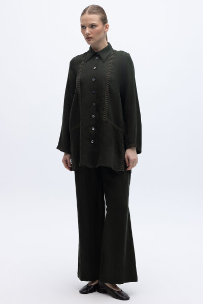 Triko Tiktaklı Keten Gömlek Siyah - 4