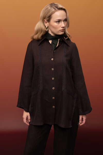 Triko Tiktaklı Keten Gömlek Kahverengi 