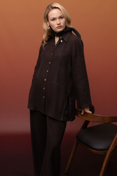 Triko Tiktaklı Keten Gömlek Kahverengi - 3