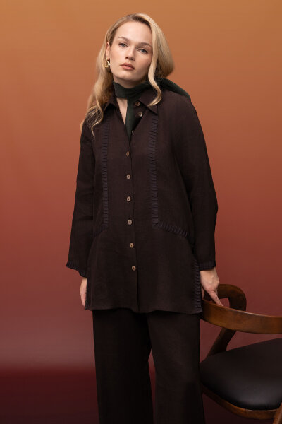 Triko Tiktaklı Keten Gömlek Kahverengi - 4