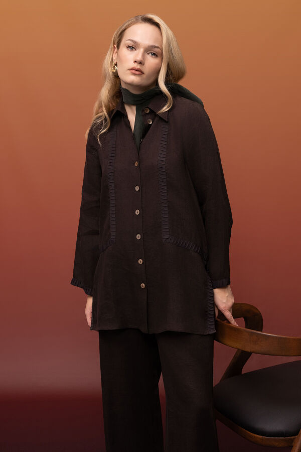 Triko Tiktaklı Keten Gömlek Kahverengi - 4