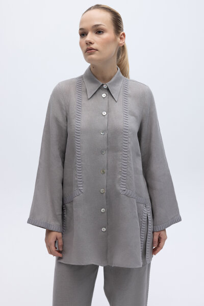 Triko Tiktaklı Keten Gömlek Gri - 1