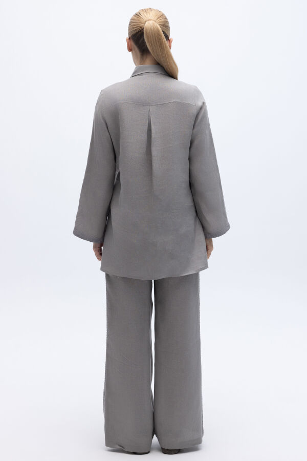 Triko Tiktaklı Keten Gömlek Gri - 2