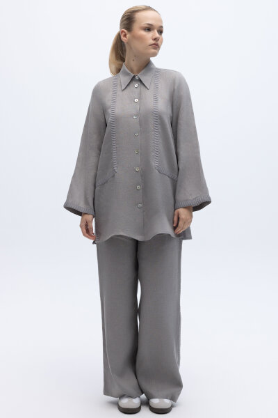 Triko Tiktaklı Keten Gömlek Gri - 3