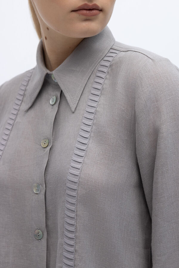 Triko Tiktaklı Keten Gömlek Gri - 4