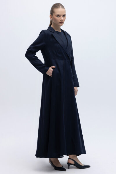 Triko Tiktaklı Uzun Keten Ceket Siyah 