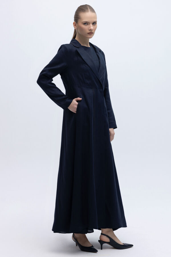 Triko Tiktaklı Uzun Keten Ceket Siyah - 1