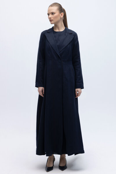 Triko Tiktaklı Uzun Keten Ceket Siyah - 5