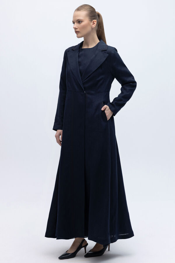 Triko Tiktaklı Uzun Keten Ceket Siyah - 6