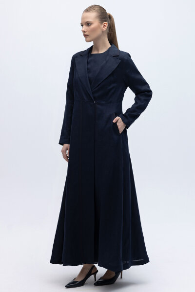 Triko Tiktaklı Uzun Keten Ceket Lacivert 