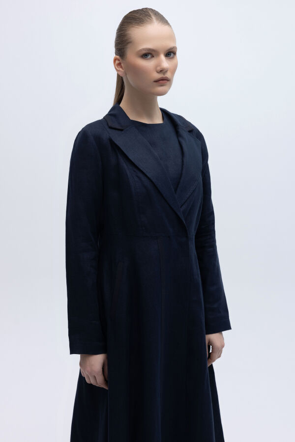 Triko Tiktaklı Uzun Keten Ceket Lacivert - 3