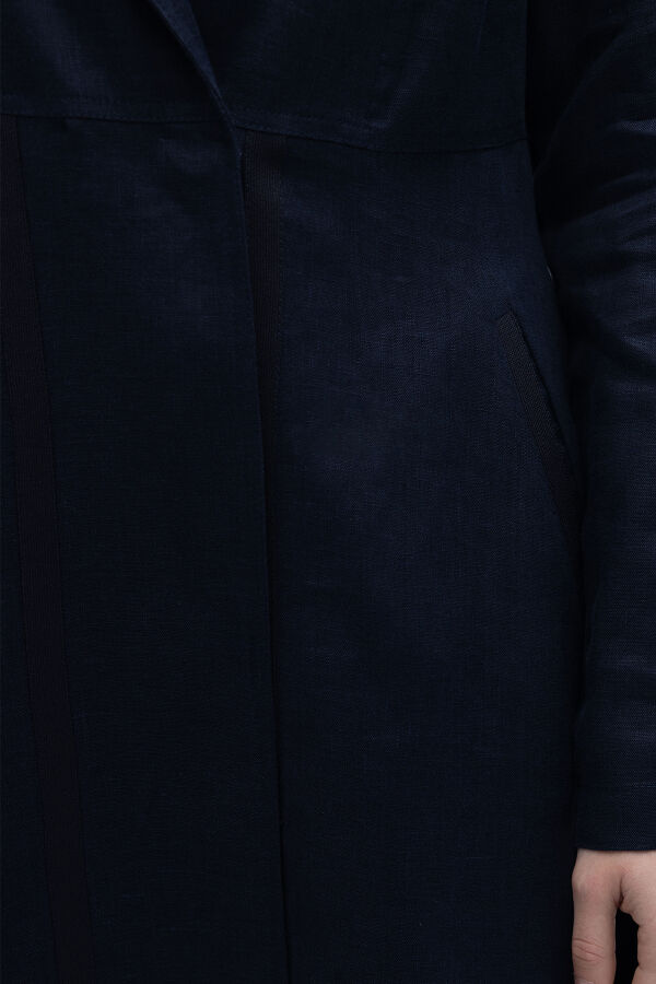 Triko Tiktaklı Uzun Keten Ceket Lacivert - 4