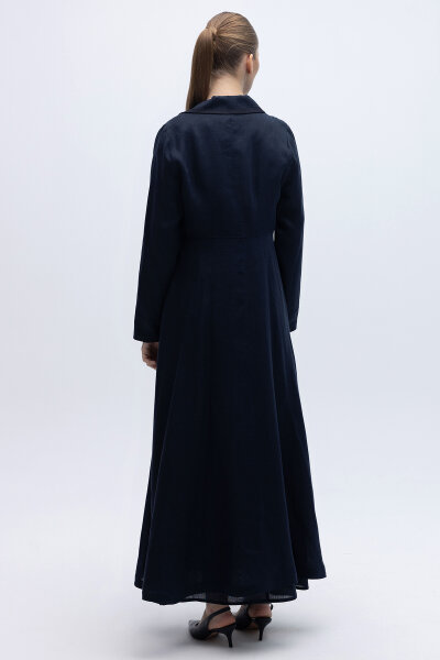 Triko Tiktaklı Uzun Keten Ceket Lacivert - 5