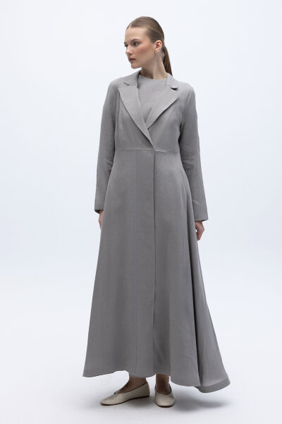 Triko Tiktaklı Uzun Keten Ceket Gri 