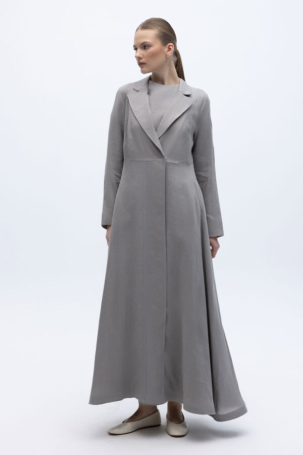 Triko Tiktaklı Uzun Keten Ceket Gri - 1