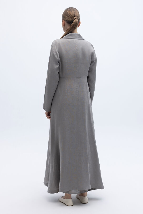 Triko Tiktaklı Uzun Keten Ceket Gri - 2