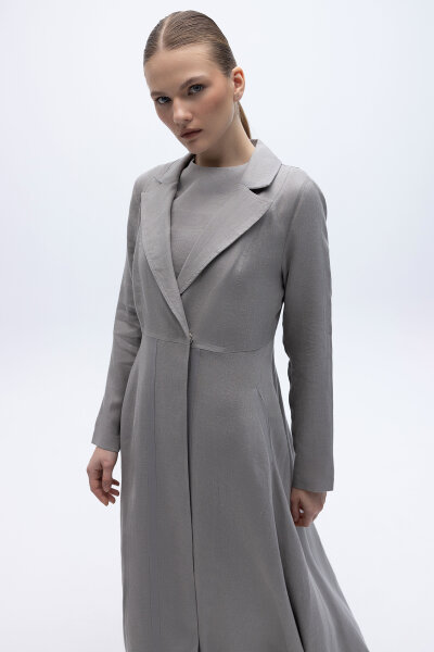 Triko Tiktaklı Uzun Keten Ceket Gri - 4