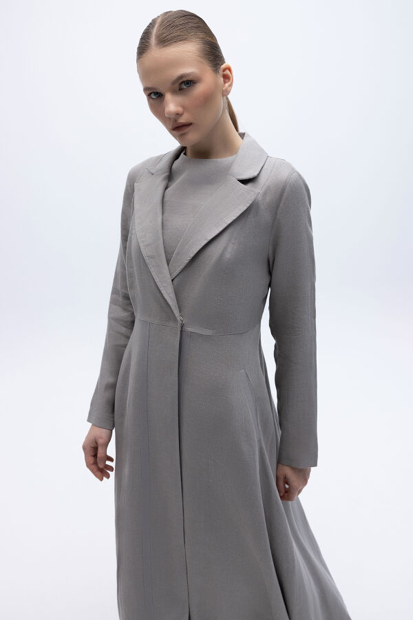 Triko Tiktaklı Uzun Keten Ceket Gri - 4