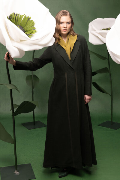 Triko Tiktaklı Uzun Keten Ceket Haki 