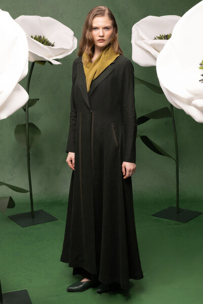 Triko Tiktaklı Uzun Keten Ceket Haki - 2