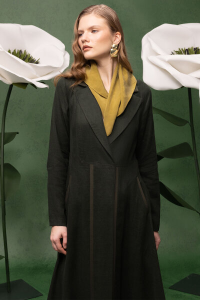 Triko Tiktaklı Uzun Keten Ceket Haki - 3