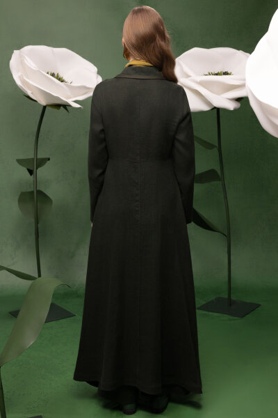 Triko Tiktaklı Uzun Keten Ceket Haki - 4