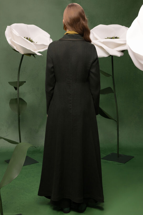 Triko Tiktaklı Uzun Keten Ceket Haki - 4