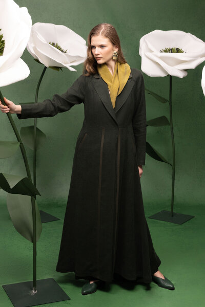 Triko Tiktaklı Uzun Keten Ceket Haki - 5