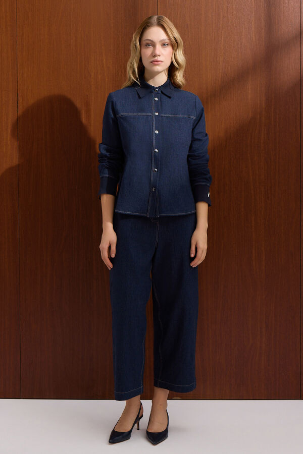 Triko Yakalı Denim Gömlek Navy - 1