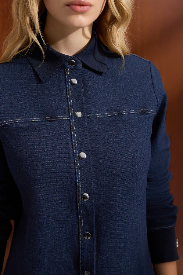 Triko Yakalı Denim Gömlek Navy - 3