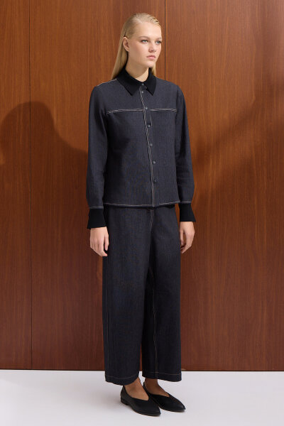 Triko Yakalı Denim Gömlek Siyah - 5