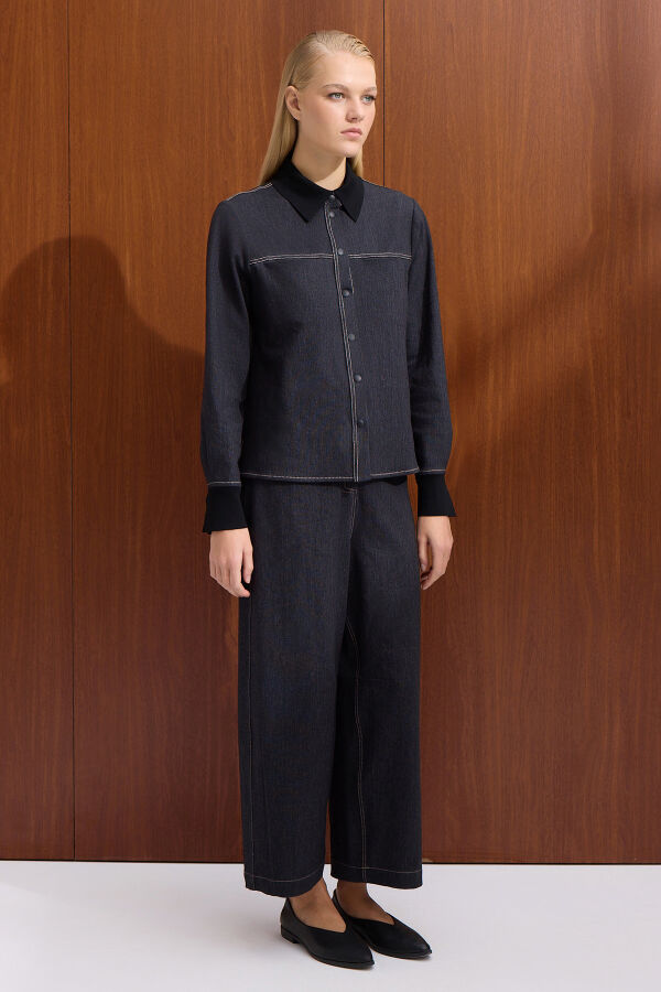 Triko Yakalı Denim Gömlek Siyah - 5