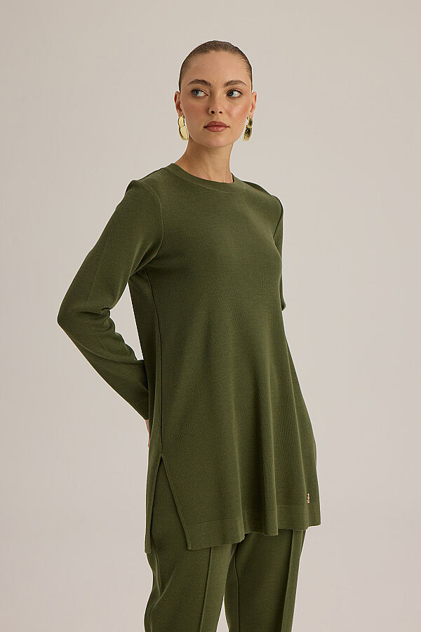  Uzun Kollu Basic Triko Tunik Yeşil - 5