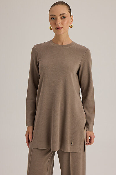  Uzun Kollu Basic Triko Tunik Vizon - 4
