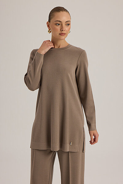  Uzun Kollu Basic Triko Tunik Vizon - 5