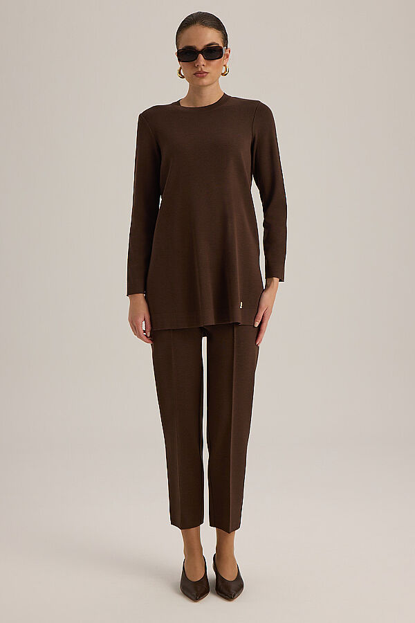  Uzun Kollu Basic Triko Tunik Kahve - 2