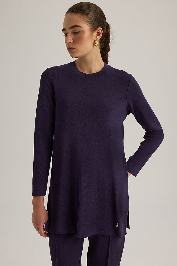  Uzun Kollu Basic Triko Tunik Mor - 4