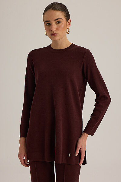  Uzun Kollu Basic Triko Tunik Vişne - 6