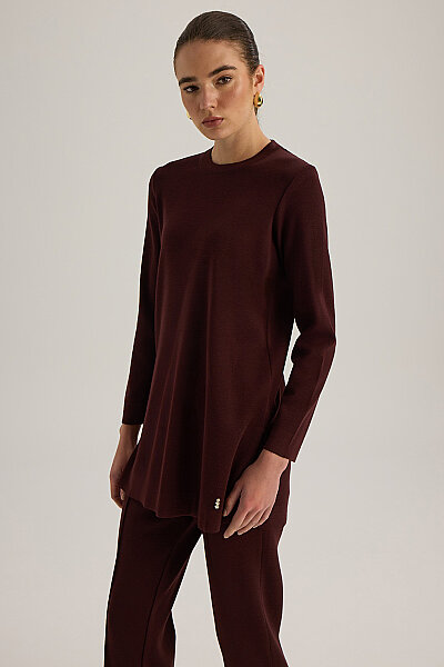  Uzun Kollu Basic Triko Tunik Vişne - 5