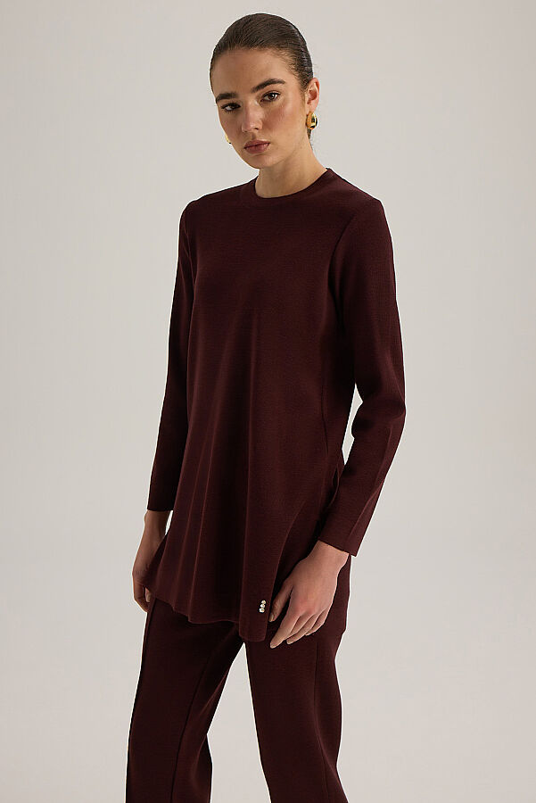  Uzun Kollu Basic Triko Tunik Vişne - 5