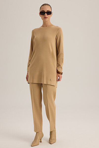  Uzun Kollu Basic Triko Tunik Kum - 3