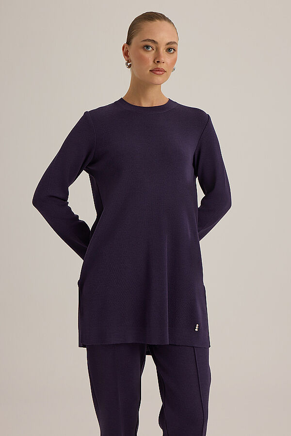  Uzun Kollu Basic Triko Tunik Bordo - 3