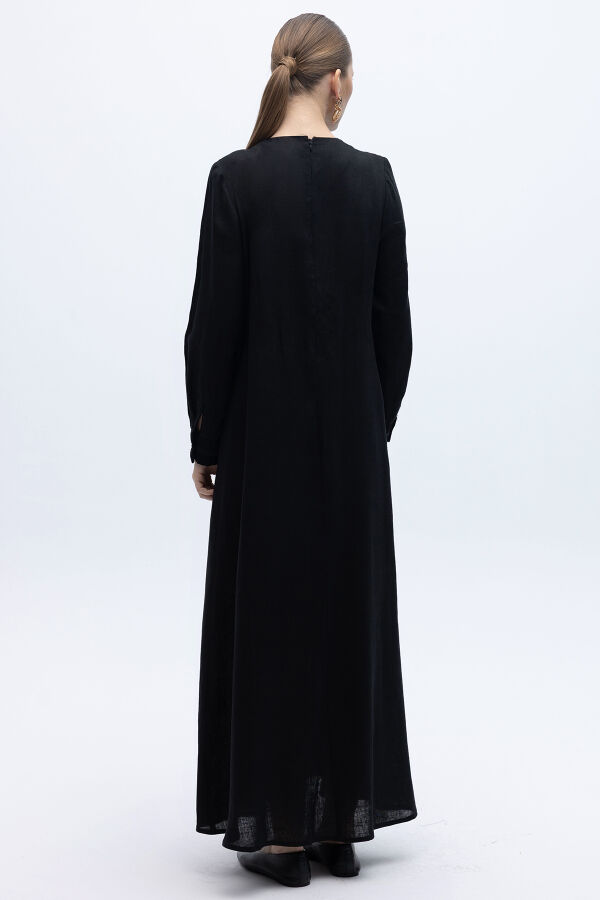 Uzun Kollu Cepli Keten Elbise Siyah - 2