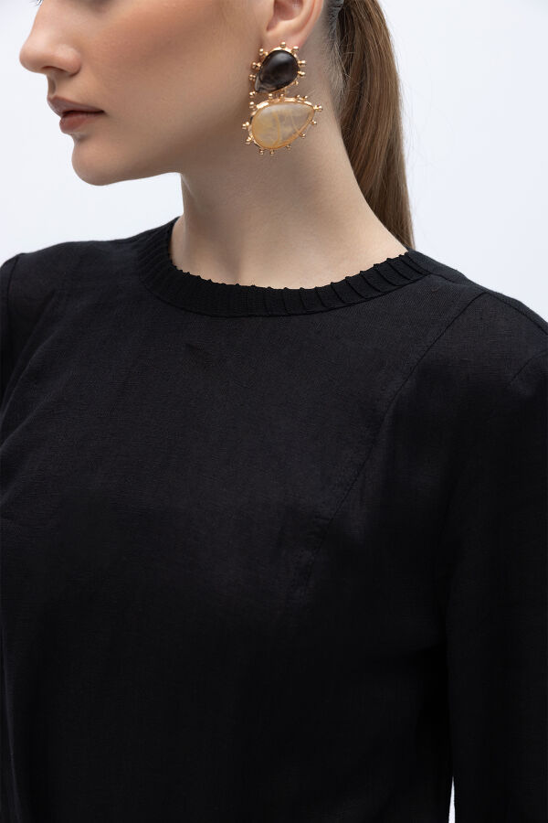 Uzun Kollu Cepli Keten Elbise Siyah - 3