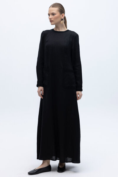 Uzun Kollu Cepli Keten Elbise Siyah - 4