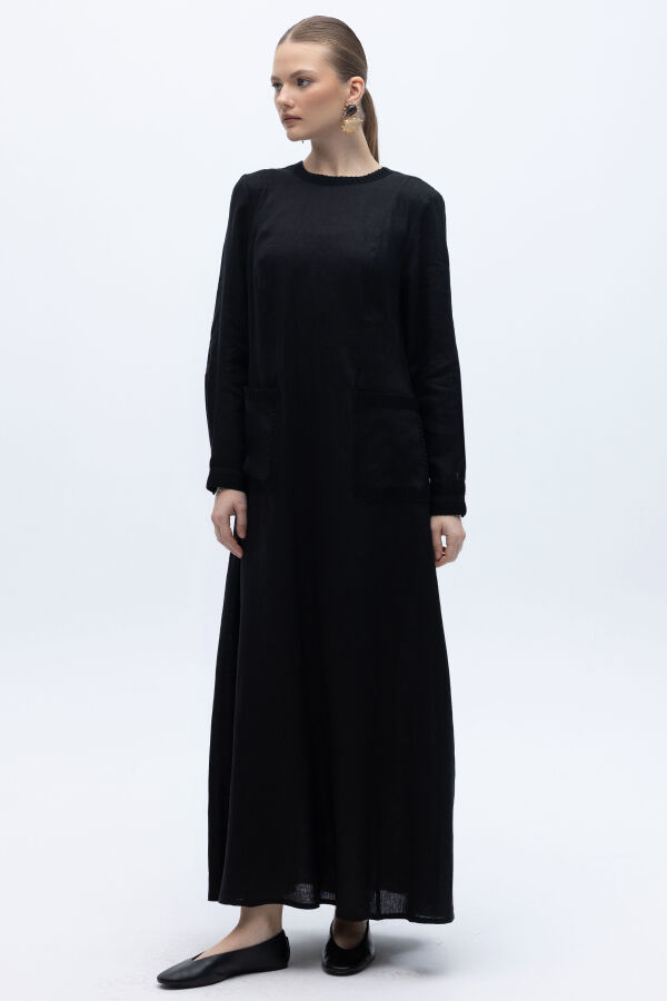 Uzun Kollu Cepli Keten Elbise Siyah - 4